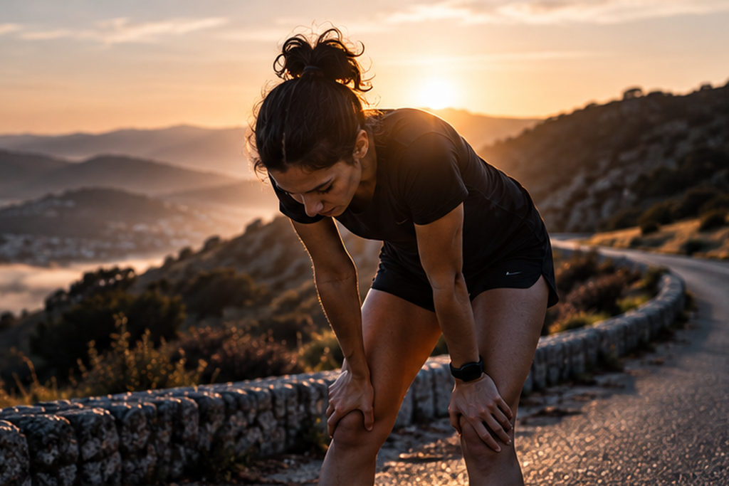 Runner affaticata durante una pausa su una strada di montagna al tramonto.