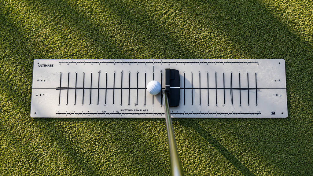 Palla e putter su un tappetino di allineamento durante un esercizio di putting sul green.